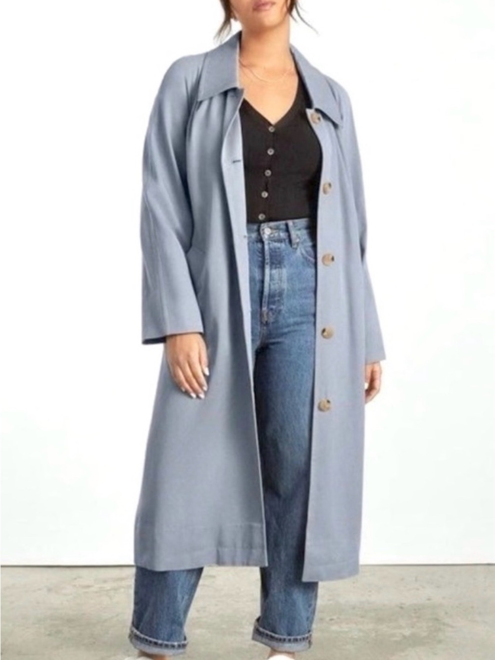 Everlane Light Blue Long Button Trench Coat